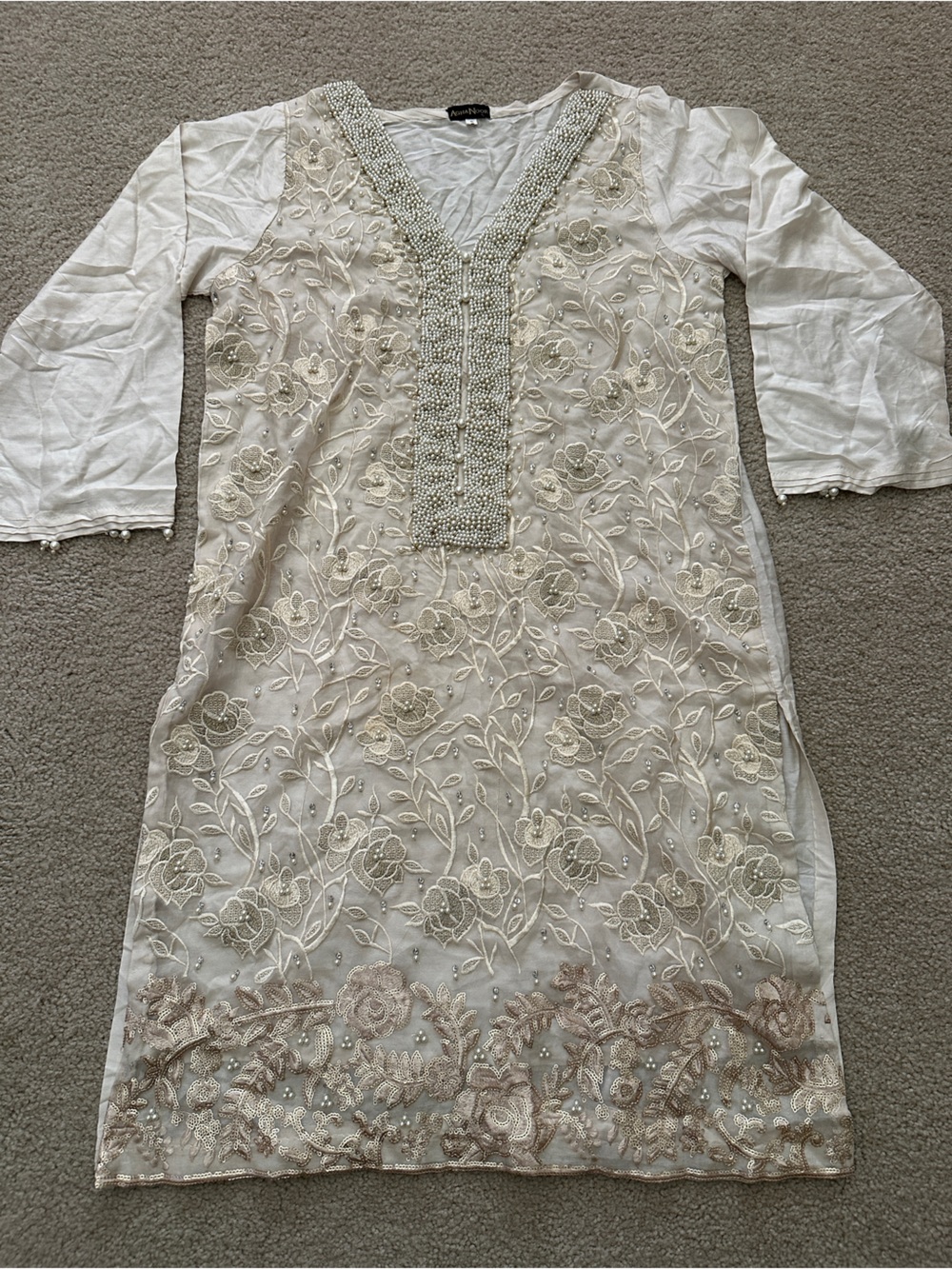 AghaNoor Ivory Floral Embroidered Pearl Beaded Formal Top Size S